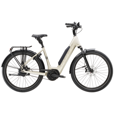 Bicicleta elétrica branca com componentes pretos