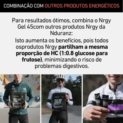 Texto sobre combinação de produtos energéticos NRGY da Nduranz com fotos de pessoas segurando embalagens pretas de bebidas e géis energéticos.