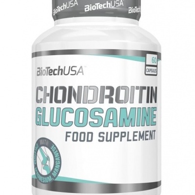 Frasco branco de suplemento alimentar BioTechUSA Chondroitin Glucosamine com tampa preta
