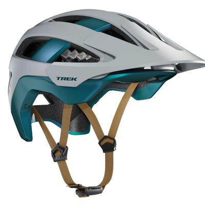 Capacete de bicicleta Trek branco e azul petróleo com alças castanhas