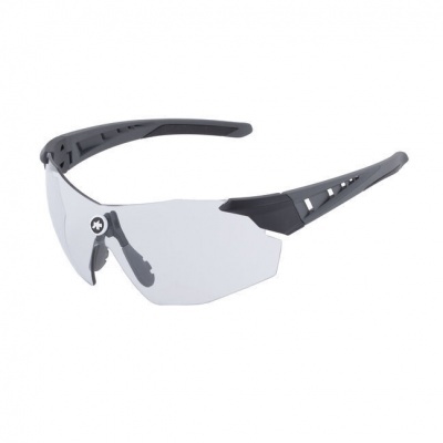 Óculos de proteção transparentes com estrutura preta e design desportivo