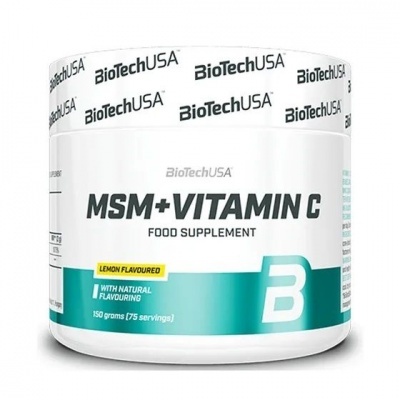 Suplemento alimentar MSM+VITAMIN C BioTechUSA em embalagem branca com detalhes verdes e amarelos