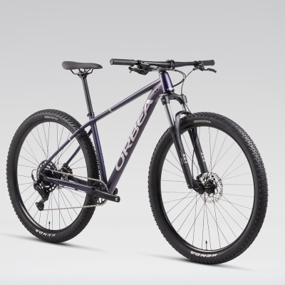 Bicicleta de montanha Orbea roxa com pneus pretos e suspensão dianteira