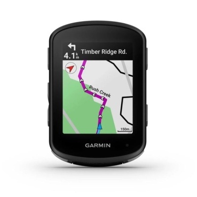 Dispositivo GPS Garmin preto com ecrã a mostrar mapa e rota