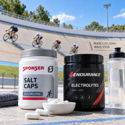 Suplementos eletrolíticos em frascos com cápsulas brancas, garrafa de água e ciclistas numa pista de ciclismo ao fundo.