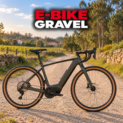 Bicicleta elétrica gravel cinza escuro em estrada de cascalho