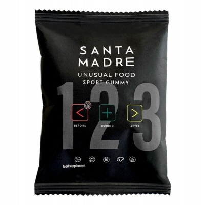 Saco preto de suplemento alimentar sport gummy Santa Madre com textos e números