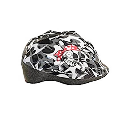 Capacete de bicicleta preto e branco com caveira e lenço vermelho