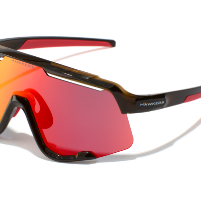 Óculos de sol desportivos com lentes espelhadas em vermelho e armação preta e vermelha