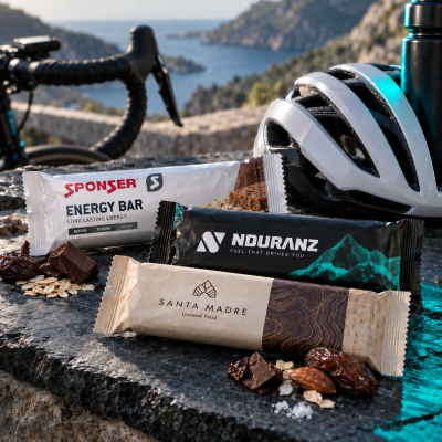 Três barras energéticas embaladas e um capacete de bicicleta branco sobre superfície de pedra com aveia, chocolate, amêndoa e tâmaras.