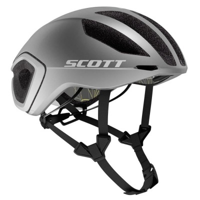 Capacete de ciclismo cinza com detalhes pretos e marca SCOTT