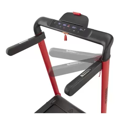 Dispositivo de exercício ergométrico vermelho e preto com painel digital e braços ajustáveis