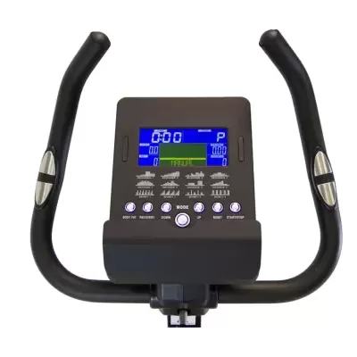 Painel de comando de bicicleta estática com visor digital azul e pegas curvas pretas