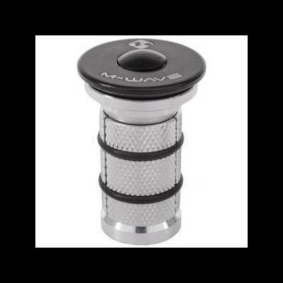 Peça metálica texturizada prata com anéis de borracha preta e topo preto com texto M-WAVE