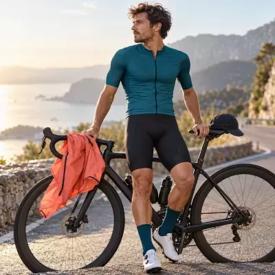 Homem de roupa de ciclismo azul e preta junto a bicicleta preta com casaco laranja pendurado no guiador em estrada de montanha ao pôr do sol.