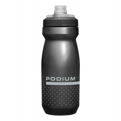 Garrafa desportiva preta com texto PODIUM e padrão de pontos