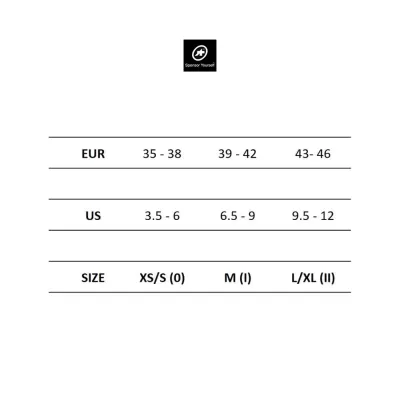 Tabela de tamanhos com medidas EUR e US e tamanhos XS/S, M, L/XL, com logo Assos