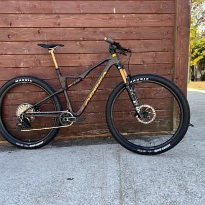 Bicicleta de montanha preta com detalhes dourados encostada em parede de madeira