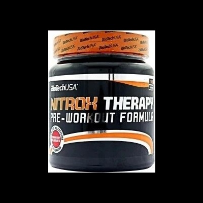 Suplemento alimentar NITROX THERAPY PRE-WORKOUT FORMULA da BioTechUSA em frasco preto e tampa laranja