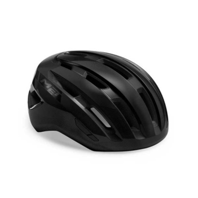 Capacete de ciclismo preto com ventilação e texto 'MET'
