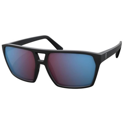 Óculos de sol com armação preta e lentes espelhadas azul-vermelhas