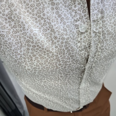 Camisa branca com padrão floral castanho e calças castanhas