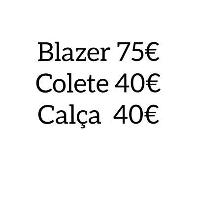 Texto com preços de blazer, colete e calça em fundo branco