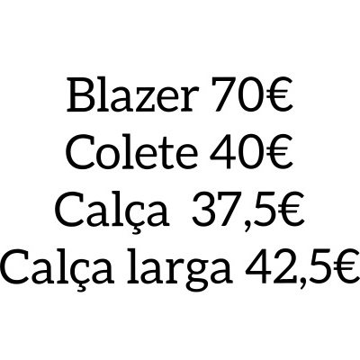 Texto com preços de peças de roupa em euros sobre fundo branco.