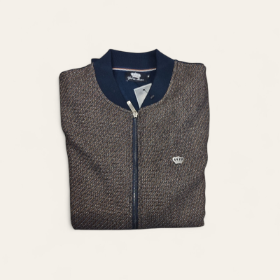 Casaco de malha masculino azul escuro e castanho com fecho de correr e logótipo de coroa