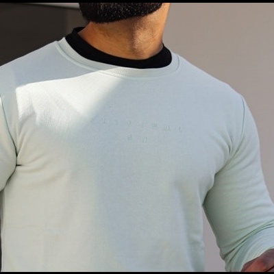 Camisola manga comprida verde claro com gola preta visível por baixo