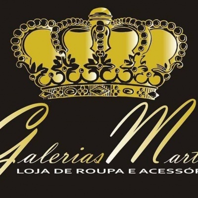 Coroa dourada com texto 'Galerias Mart' e 'LOJA DE ROUPA E ACESSÓRIO' em fundo preto