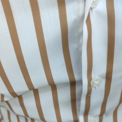 Camisa branca de riscas castanhas com botões e colar dourado