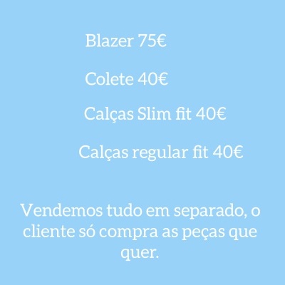 Texto com preços e tipos de roupas em fundo azul