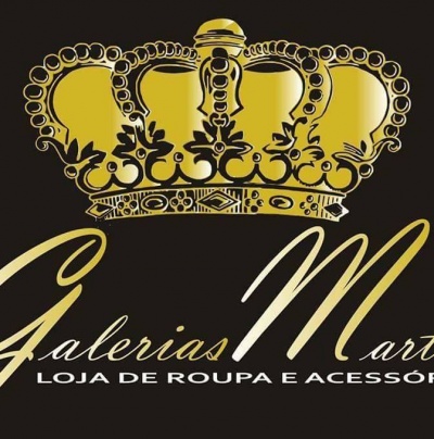 Coroa dourada com texto 'Galerias Mart' e 'LOJA DE ROUPA E ACESSÓRIO' em fundo preto