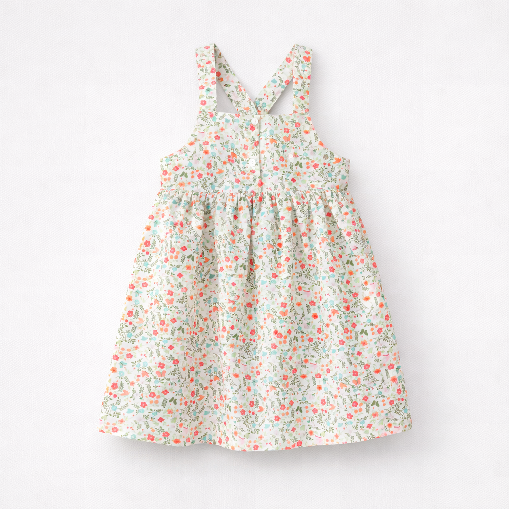 Vestido infantil floral com alças cruzadas e botões