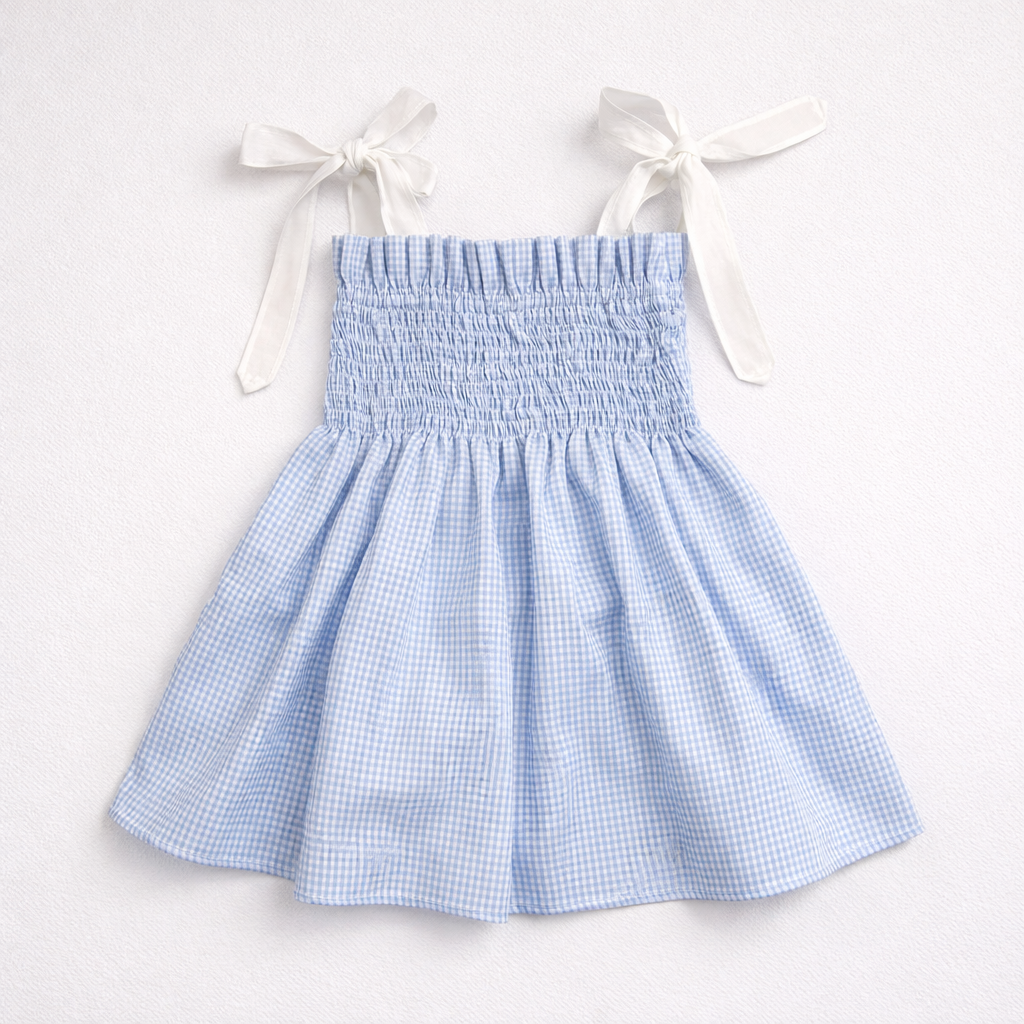 Vestido de criança azul claro e branco com alças brancas e parte superior franzida