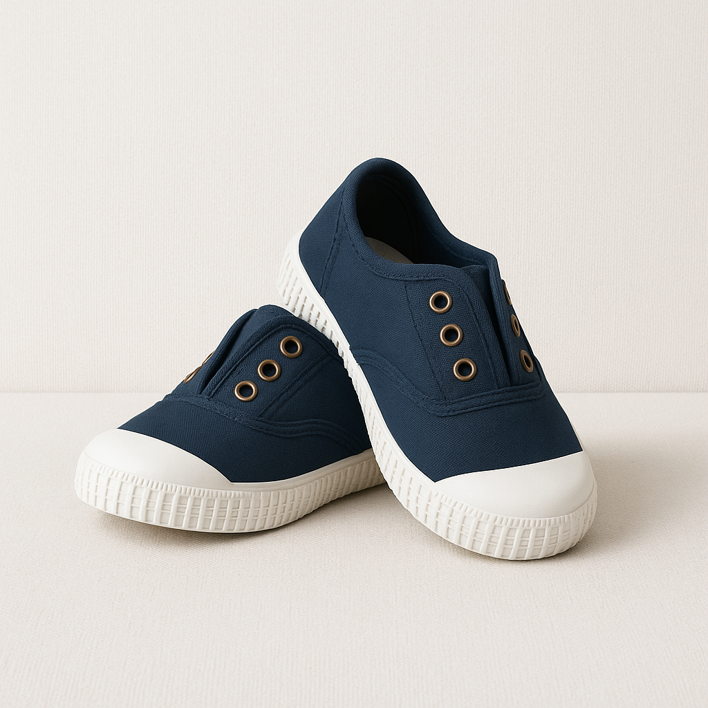 Ténis de lona azul escuro com sola branca e ilhós metálicos dourados