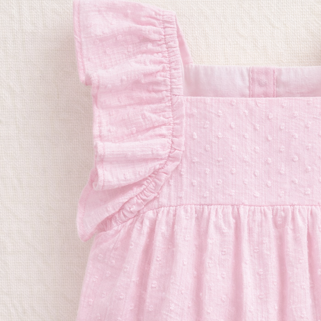 Vestido rosa claro texturizado com alças de folho para bebé