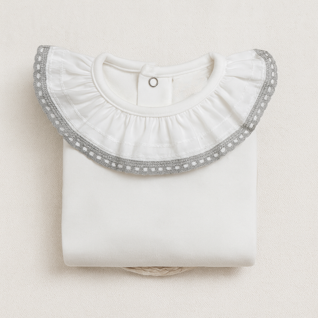 T-shirt branca com gola redonda e renda cinza