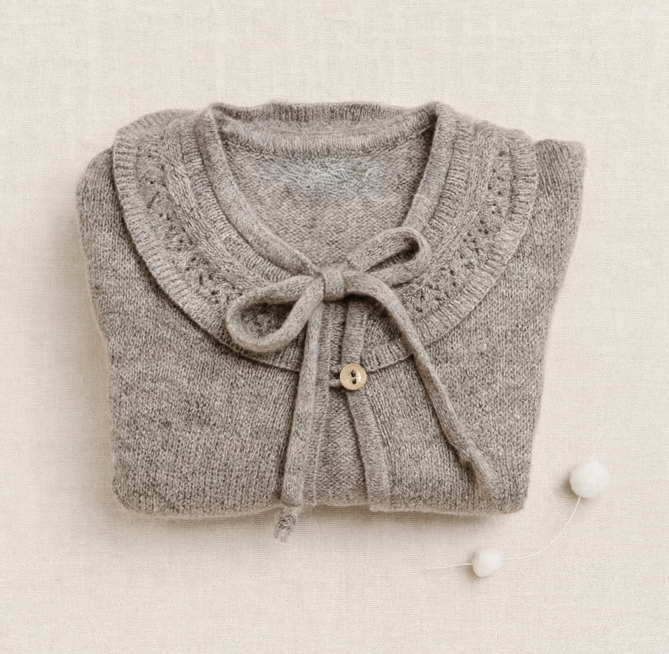 Camisola de malha cinzenta clara com laço e botão, pompons brancos ao lado