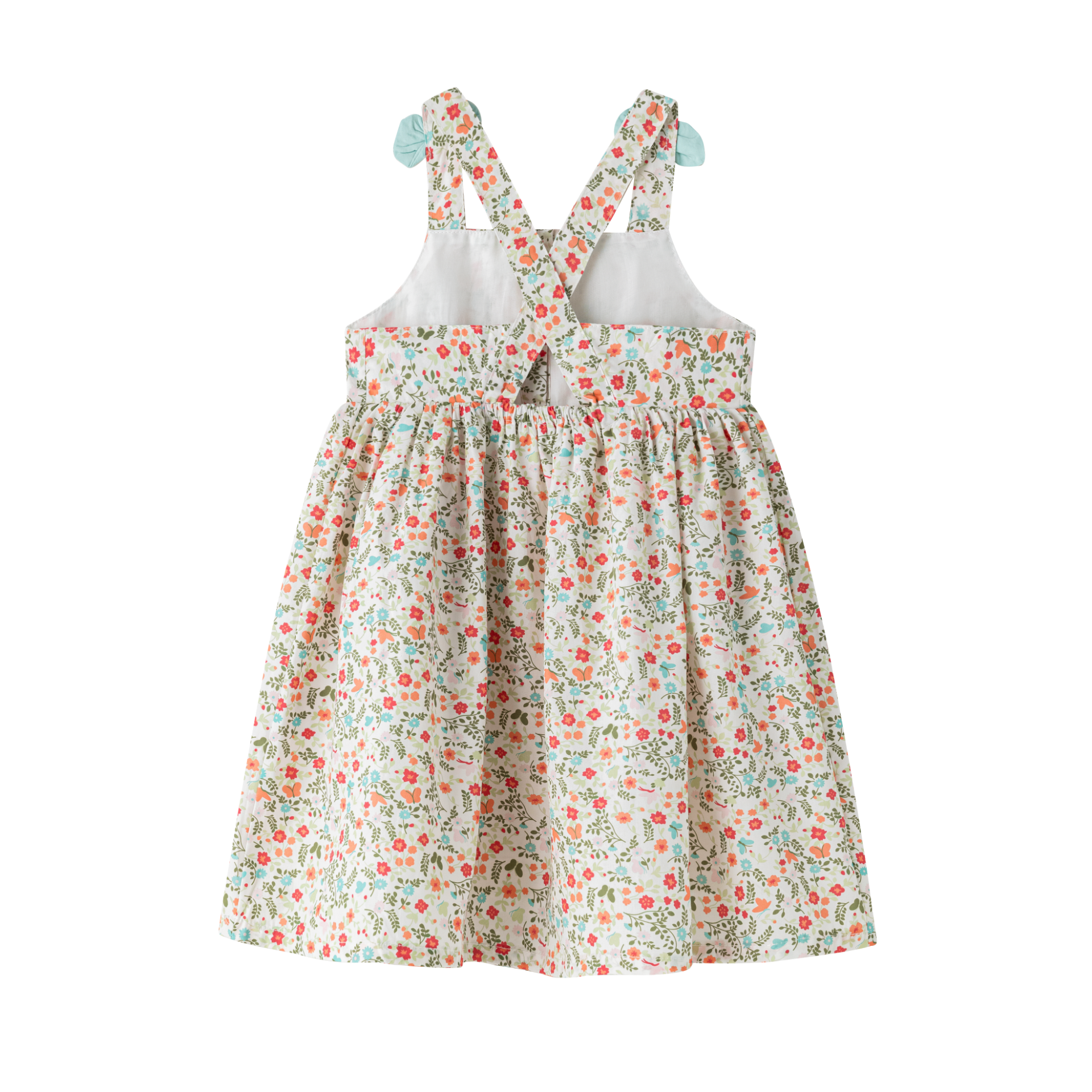 Vestido infantil branco com estampa floral colorida e alças cruzadas azuis