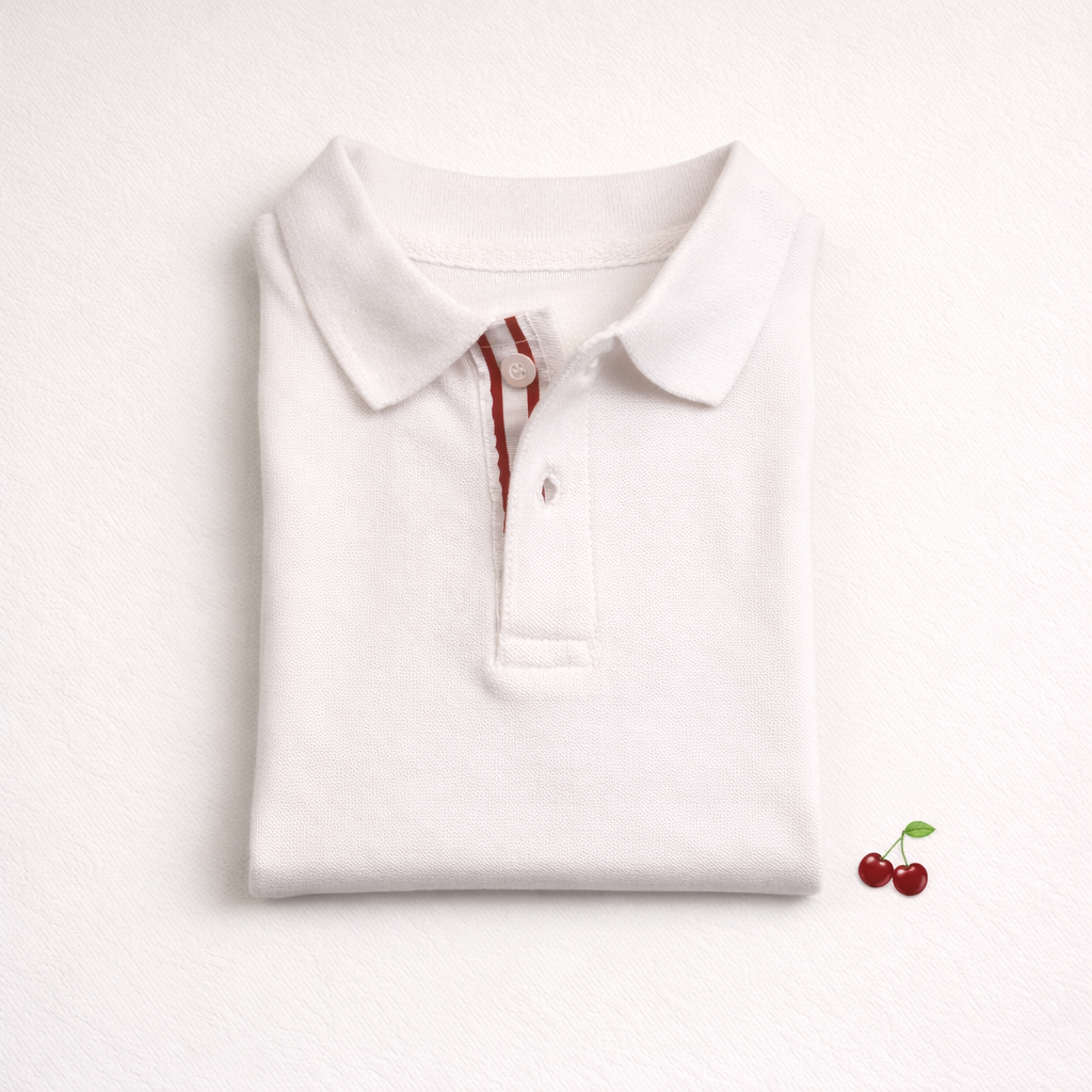 Polo branco dobrado com detalhes em vermelho e duas cerejas desenhadas ao lado