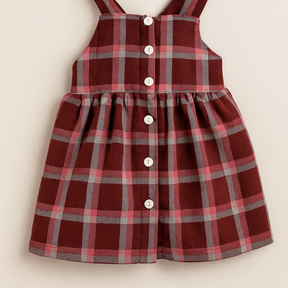 Vestido infantil xadrez em tons de vermelho, rosa e cinza com botões brancos.