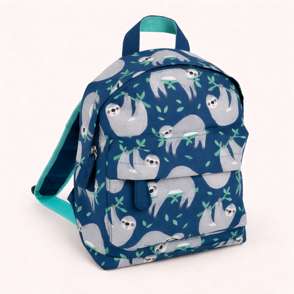 Mochila azul com padrão de preguiças cinzentas e alças turquesa