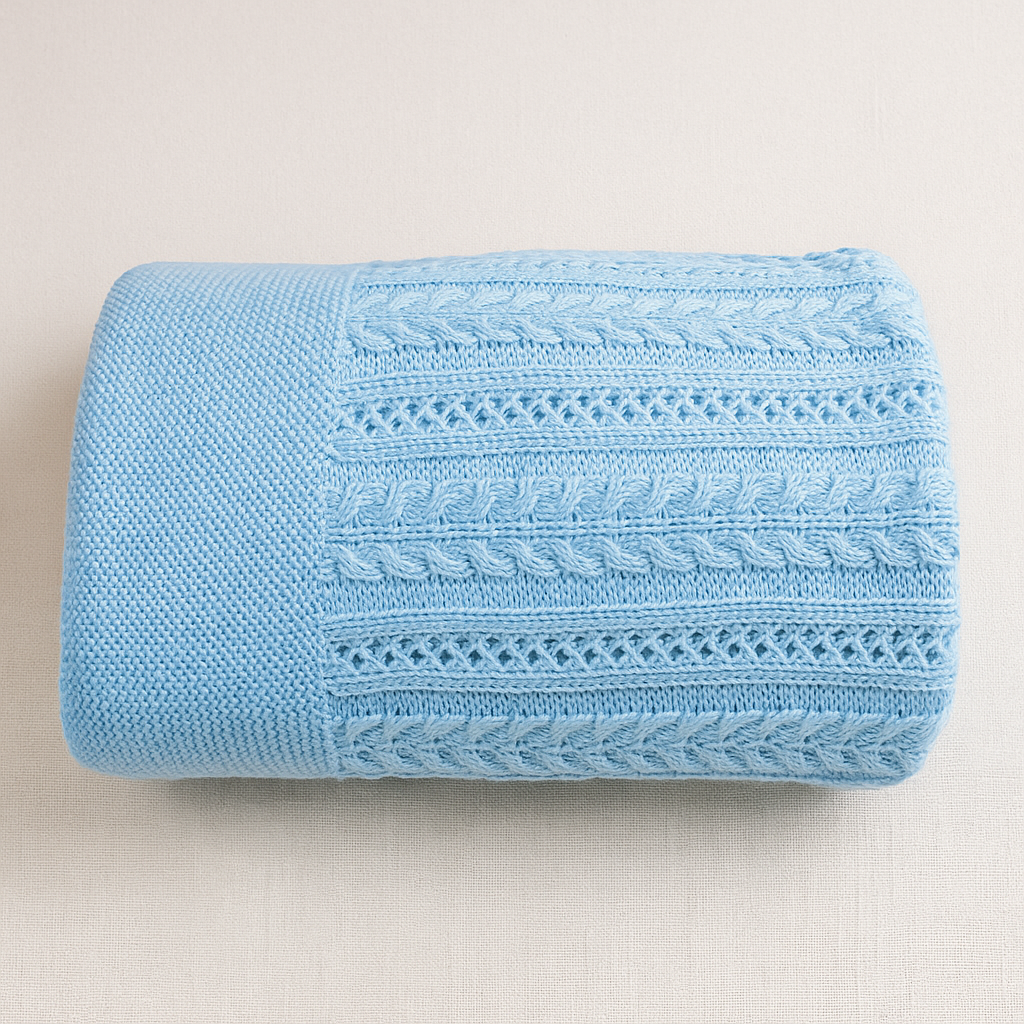 Manta de malha azul clara com padrão trançado e textura detalhada