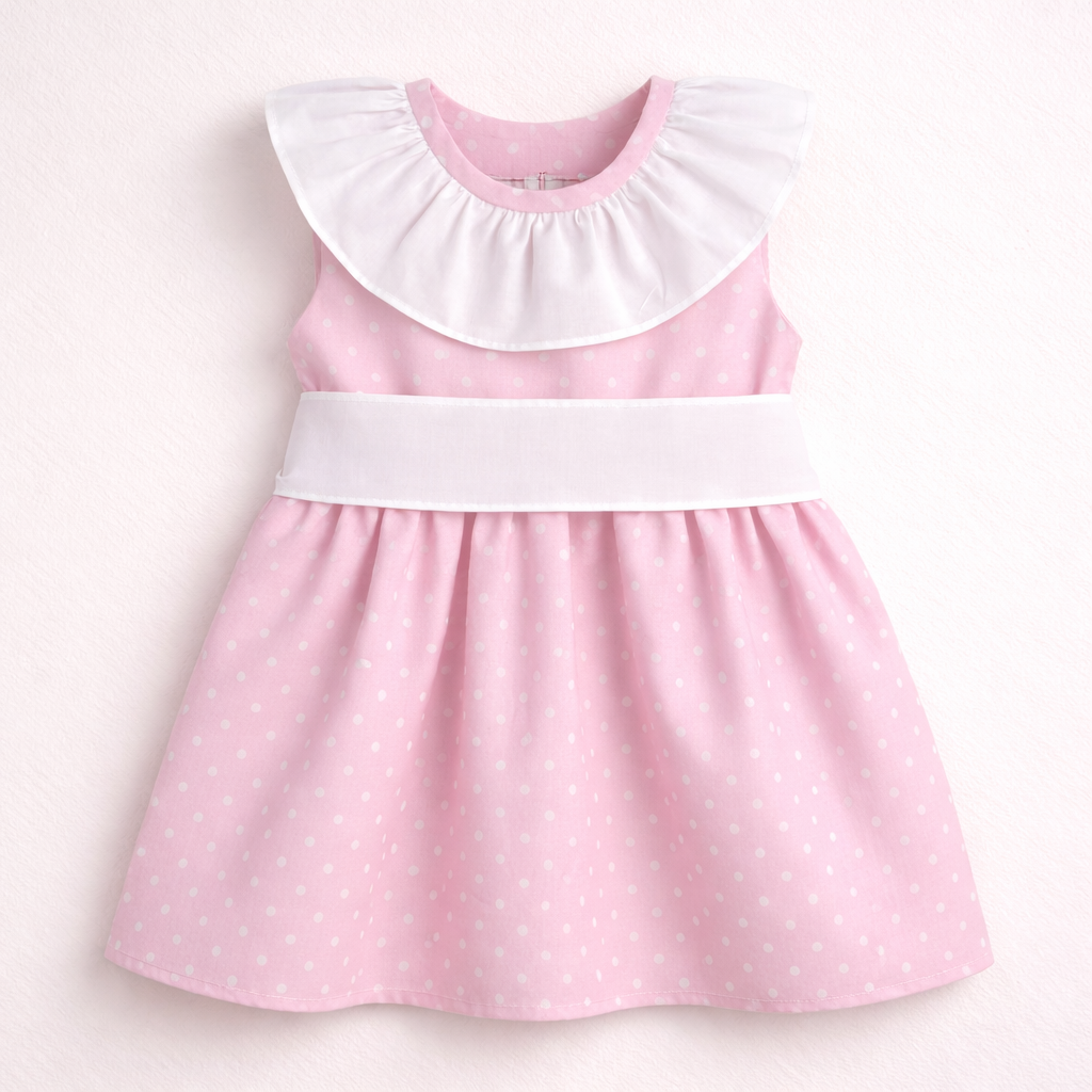 Vestido infantil rosa com bolinhas brancas e gola larga branca