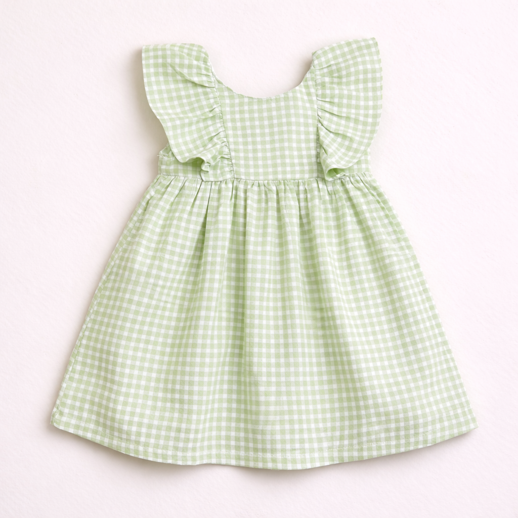 Vestido infantil xadrez verde claro e branco com folhos