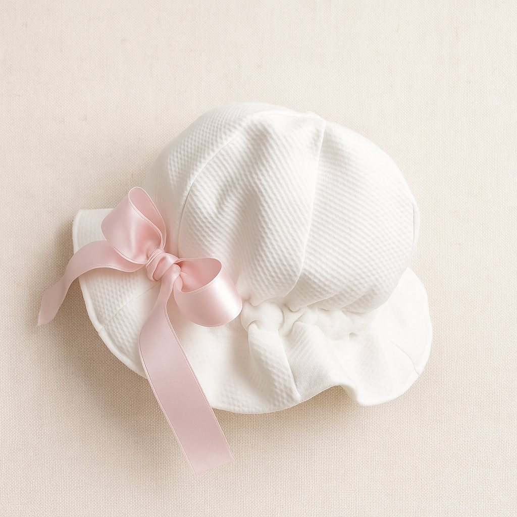 Chapéu branco para bebé com fita rosa de cetim amarrada