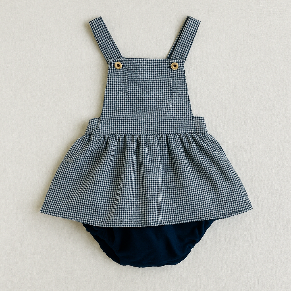 vestido bebé xadrez preto branco e parte inferior azul escuro