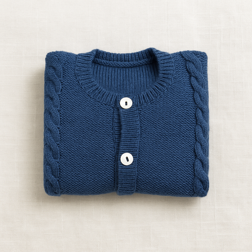 Camisola de malha azul dobrada com botões brancos e padrão de tranças